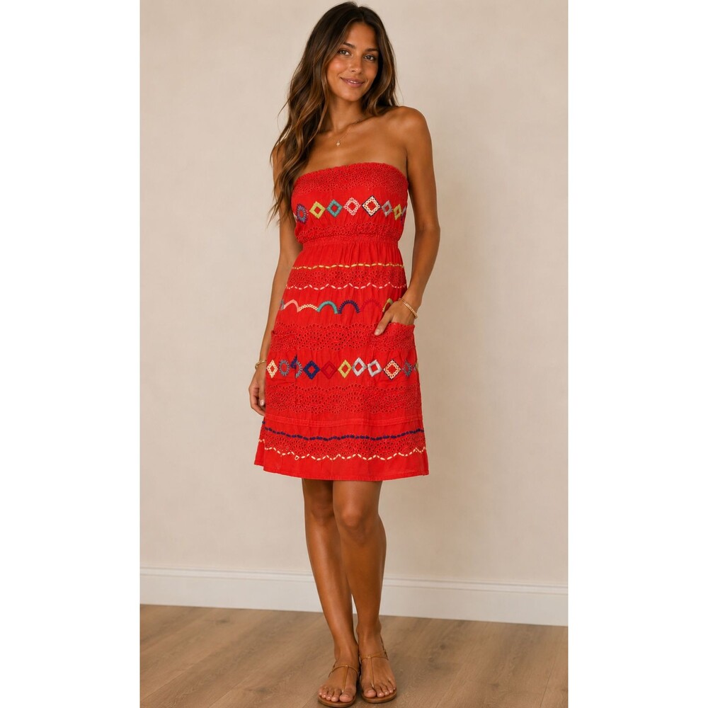 Lu Lu Lame Anthropologie Strapless Eyelet Embroidered Folk Art Red Dress S NWT